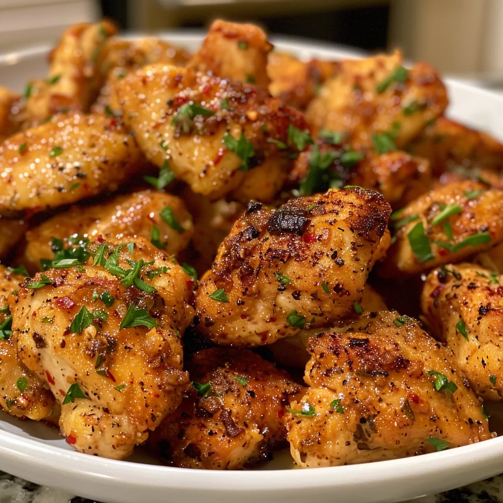 Juicy garlic butter chicken bites garnished with fresh parsley on a white plate.