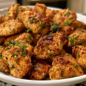 Juicy garlic butter chicken bites arranged on a plate, glistening with melted butter and herbs.