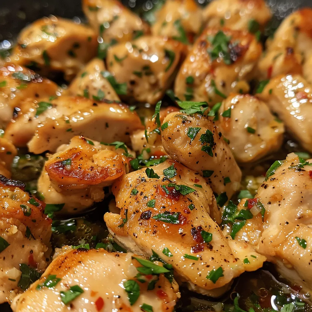 Close-up of golden-brown chicken pieces with garlic and parsley, displayed on a rustic wooden surface.