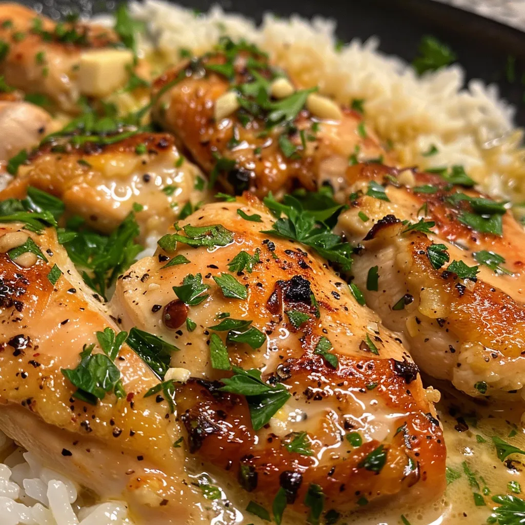 Juicy garlic butter chicken served on a plate with a side of Parmesan rice.