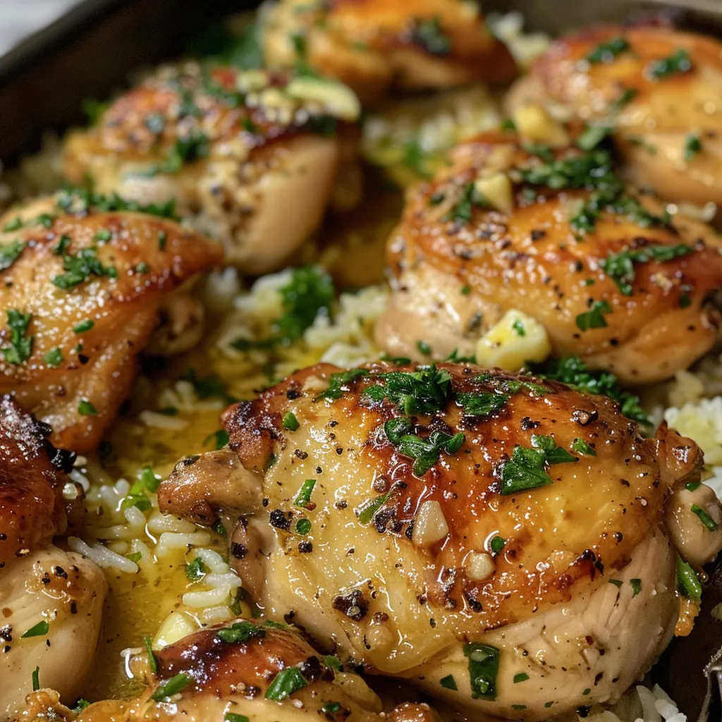 Close-up view of garlic butter chicken garnished with parsley and Parmesan rice.
