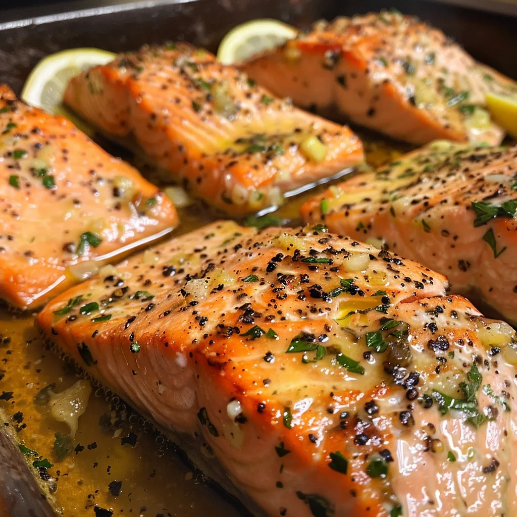 Juicy Garlic Butter Salmon fillets garnished with parsley and lemon wedges.