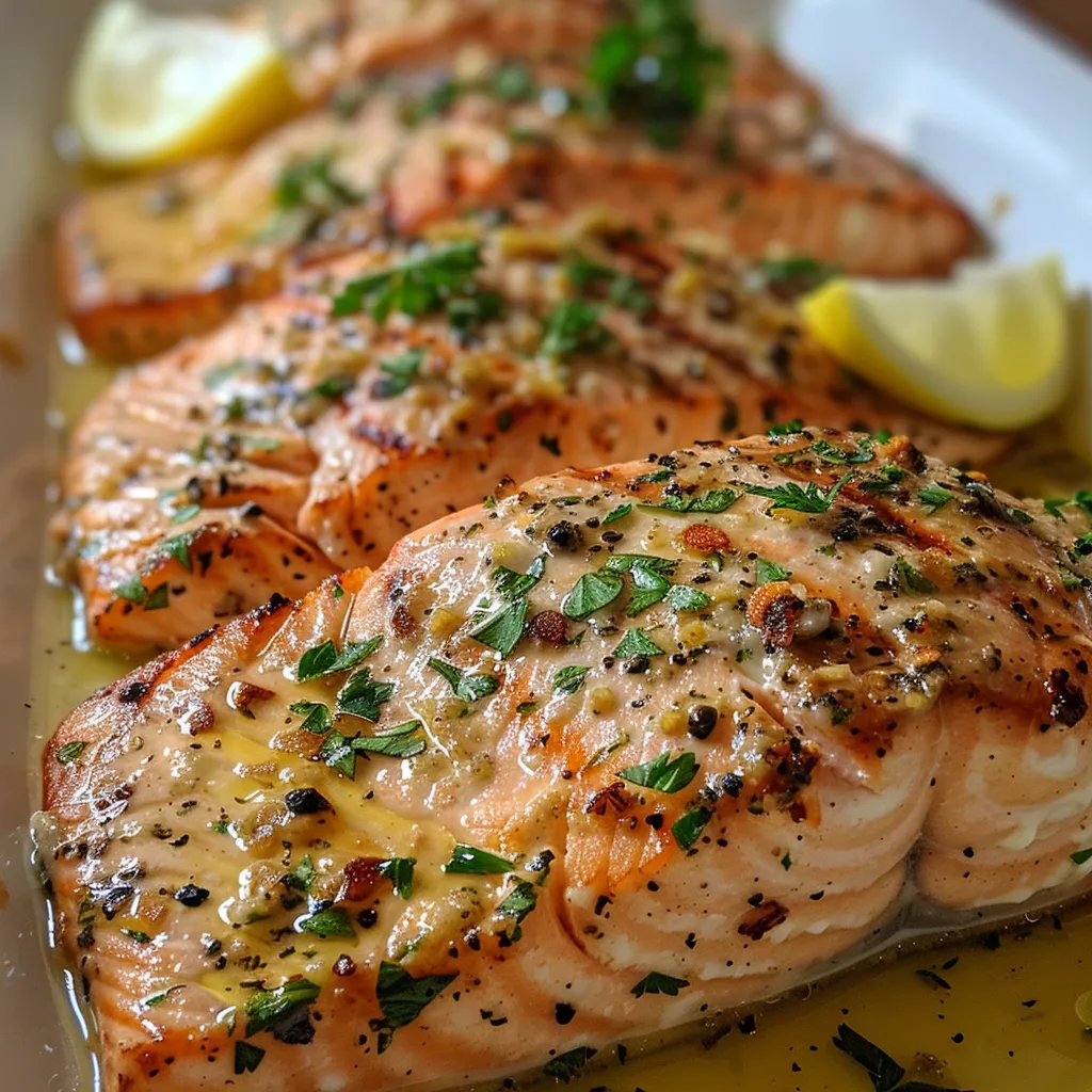 Close-up view of seared salmon drizzled with garlic butter sauce.