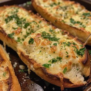 Detail shot of Garlic Cheese Bread, revealing the gooey mozzarella and herbs nestled in the bread.