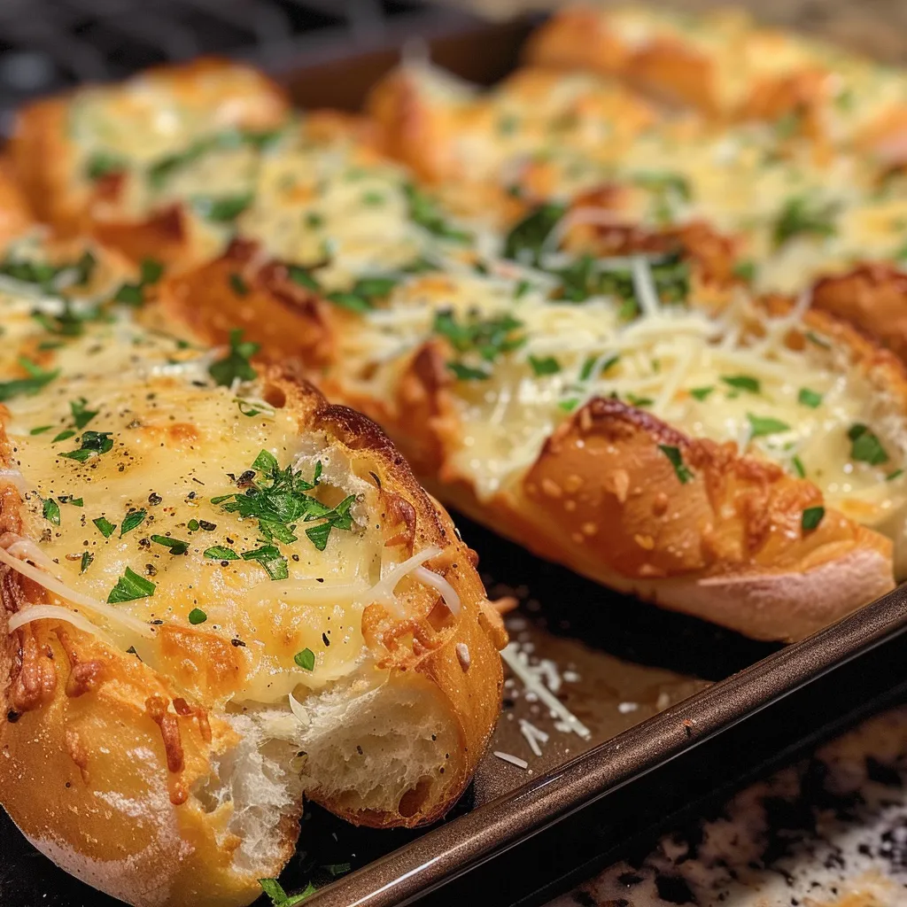 Appetizing slice of Garlic Cheese Bread, highlighting the garlic and parsley sprinkled over the melted cheese.