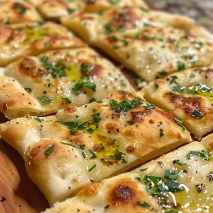 Juicy garlic flatbread showing texture and color, with visible garlic pieces.