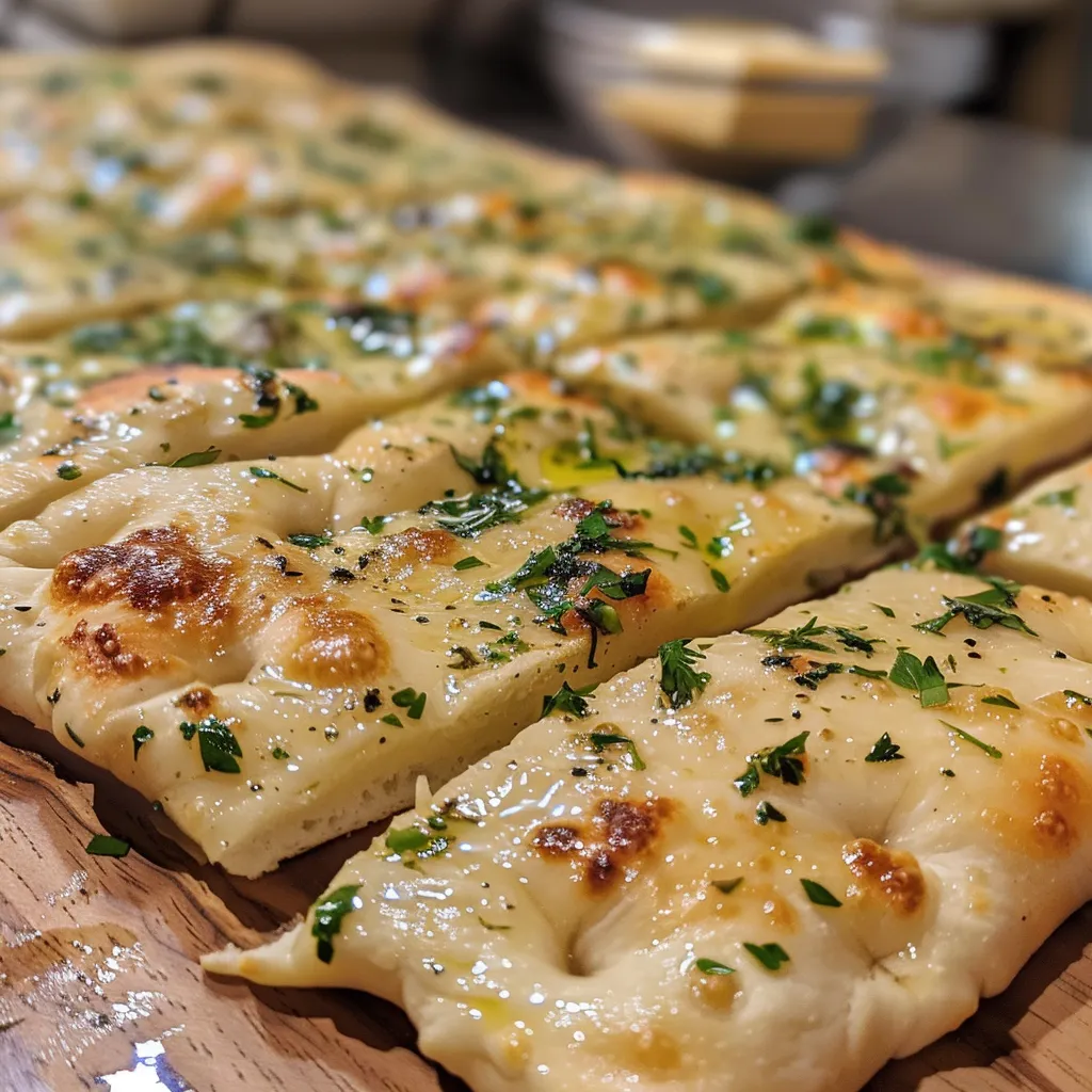 Delicious garlic flatbread on a plate, highlighting its crispy edges and soft inside.