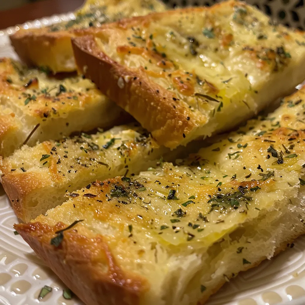 Detailed shot of a loaf of garlic herb bread highlighting its moist interior and crispy exterior.