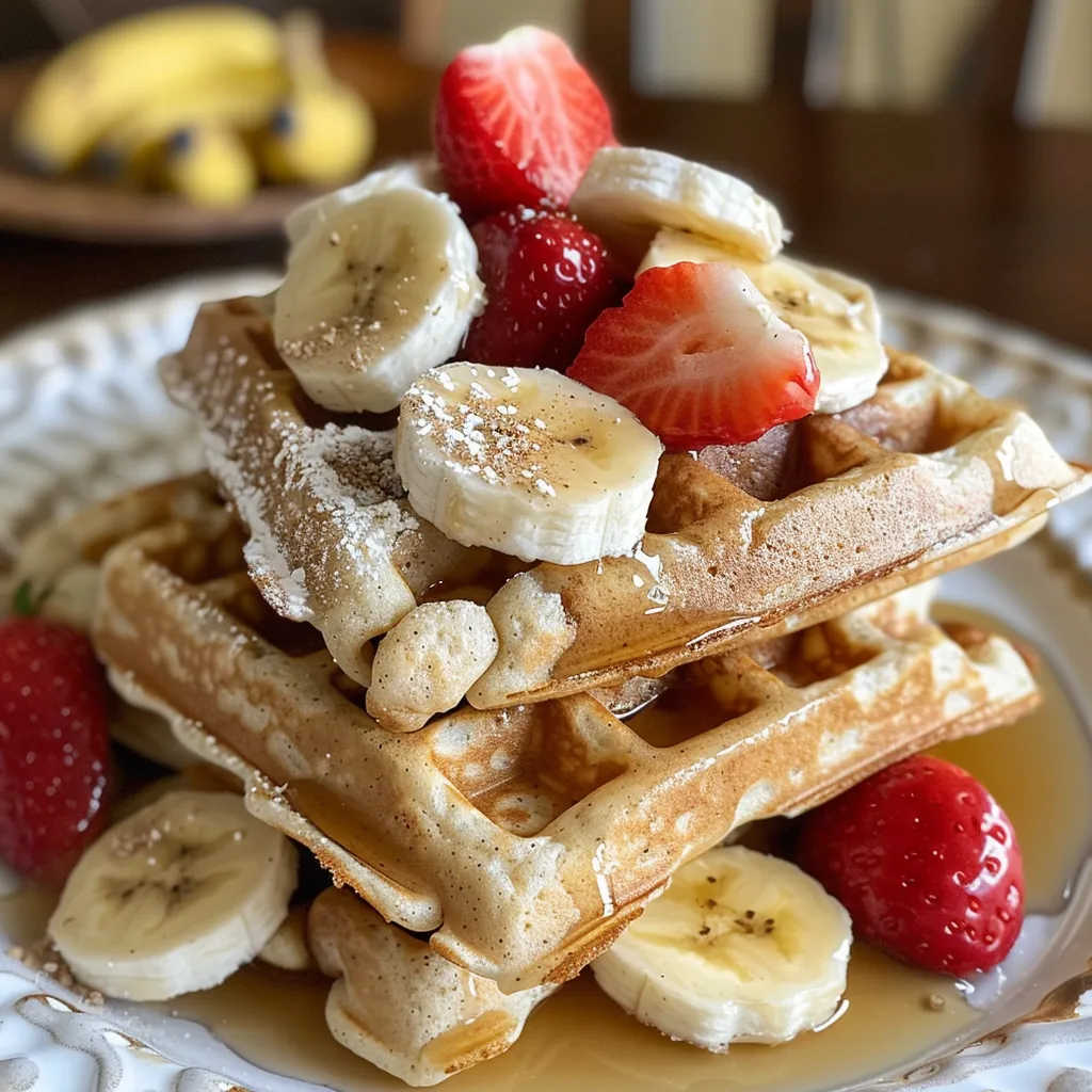 Delicious gluten-free banana oat waffles topped with fresh banana slices and a hint of cinnamon.