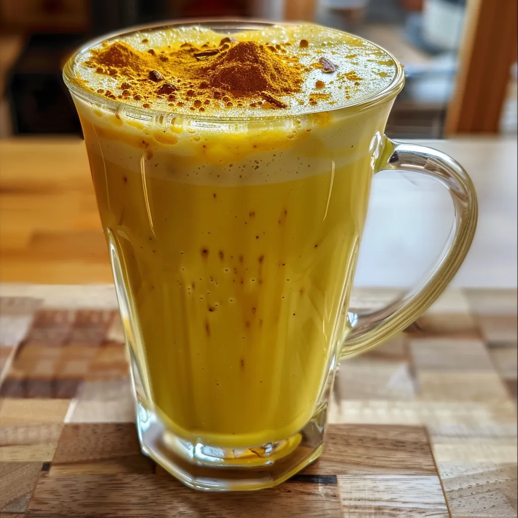 Detailed shot of golden milk with a vibrant yellow hue, featuring spices on the surface.