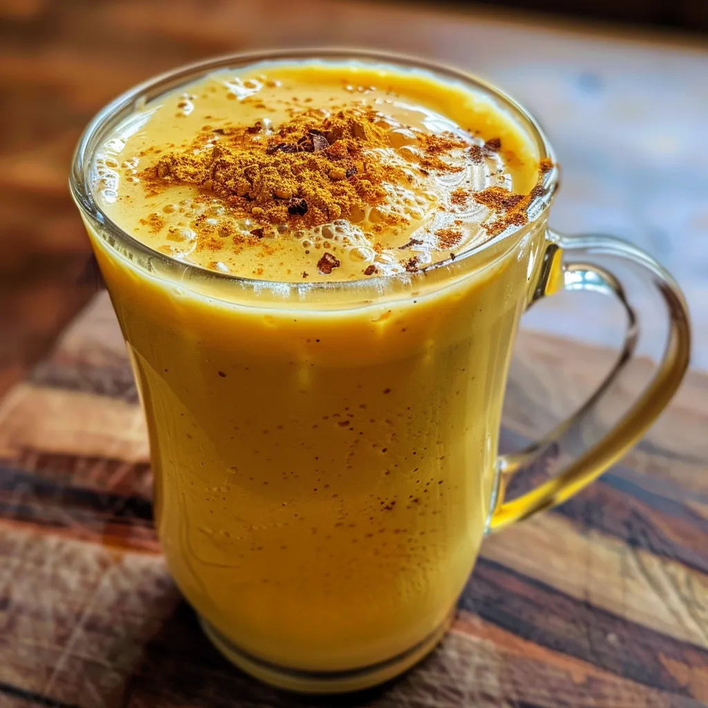 Rich golden latte with steam rising from it, showcasing the creamy consistency and warm color.