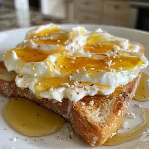 Appetizing Greek yogurt and honey spread over a piece of toasted bread.