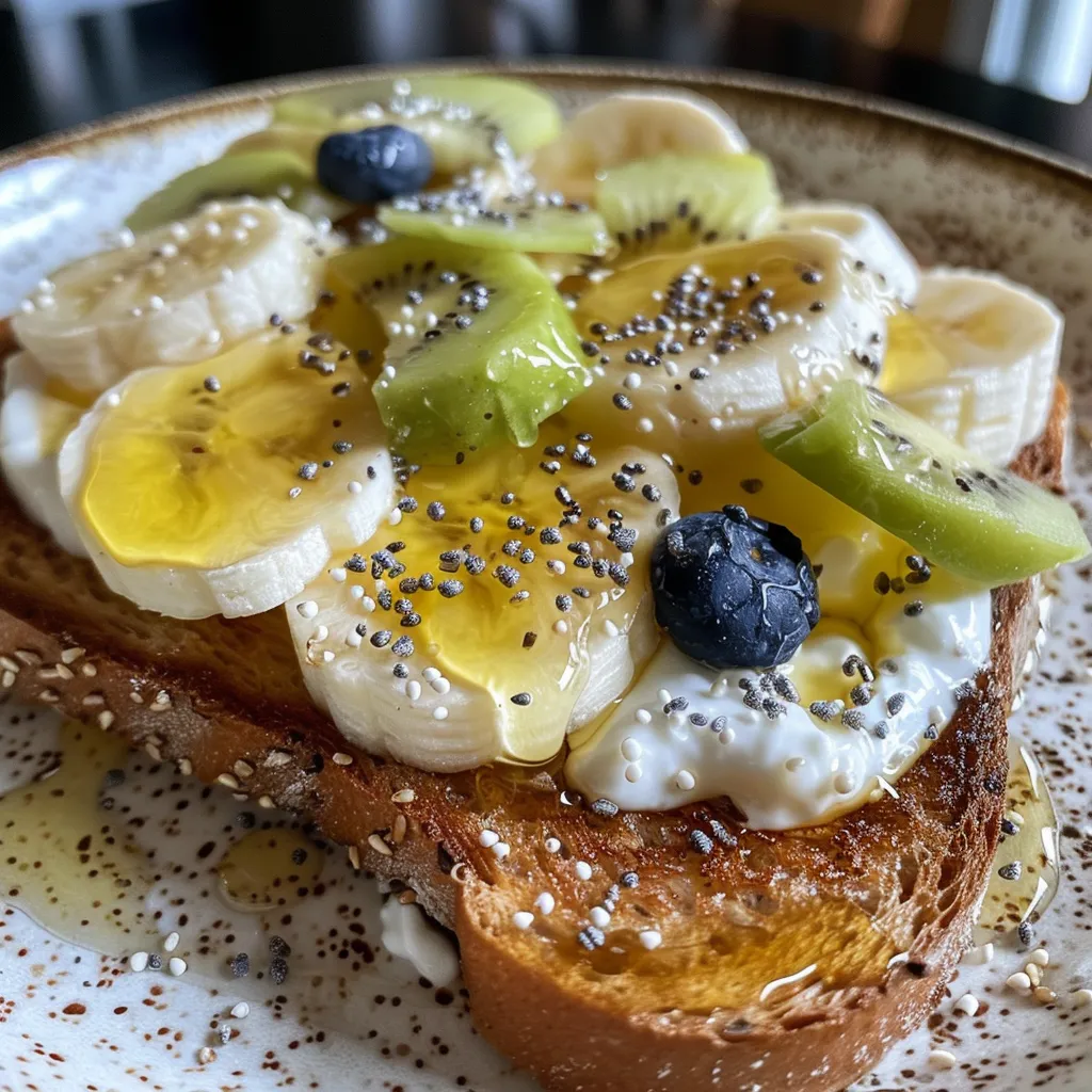 Detailed shot of a toasted slice with Greek yogurt and honey, ready to eat.