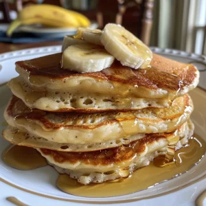 Close-up of fluffy Greek yogurt banana pancakes stacked on a plate, topped with sliced bananas.
