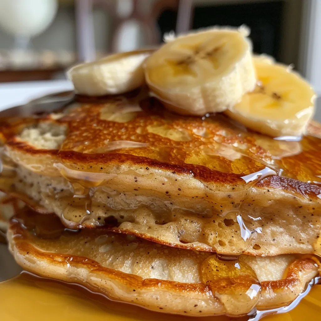 Side view of warm Greek yogurt banana pancakes drizzled with syrup, displaying a golden-brown texture.