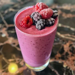 Close-up side view of a creamy Greek yogurt berry smoothie in a clear glass with mixed berries on top.