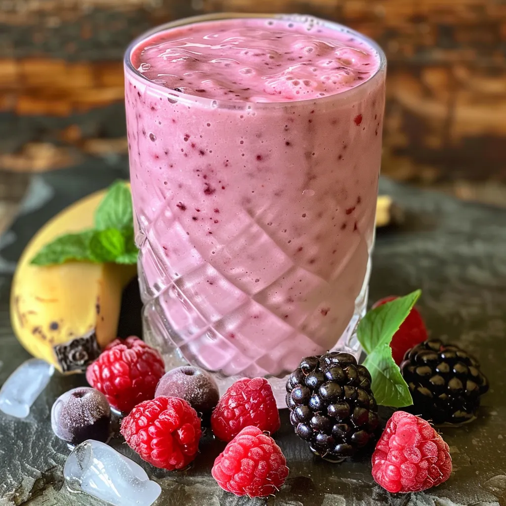 A vibrant Greek yogurt berry smoothie in a glass, showcasing a blend of fresh fruits and creamy texture.
