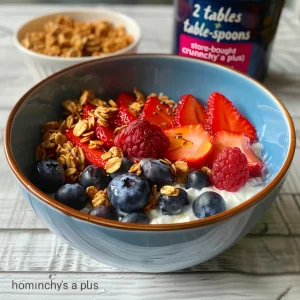 Juicy Greek yogurt topped with assorted berries, granola, and a sprinkle of cinnamon.