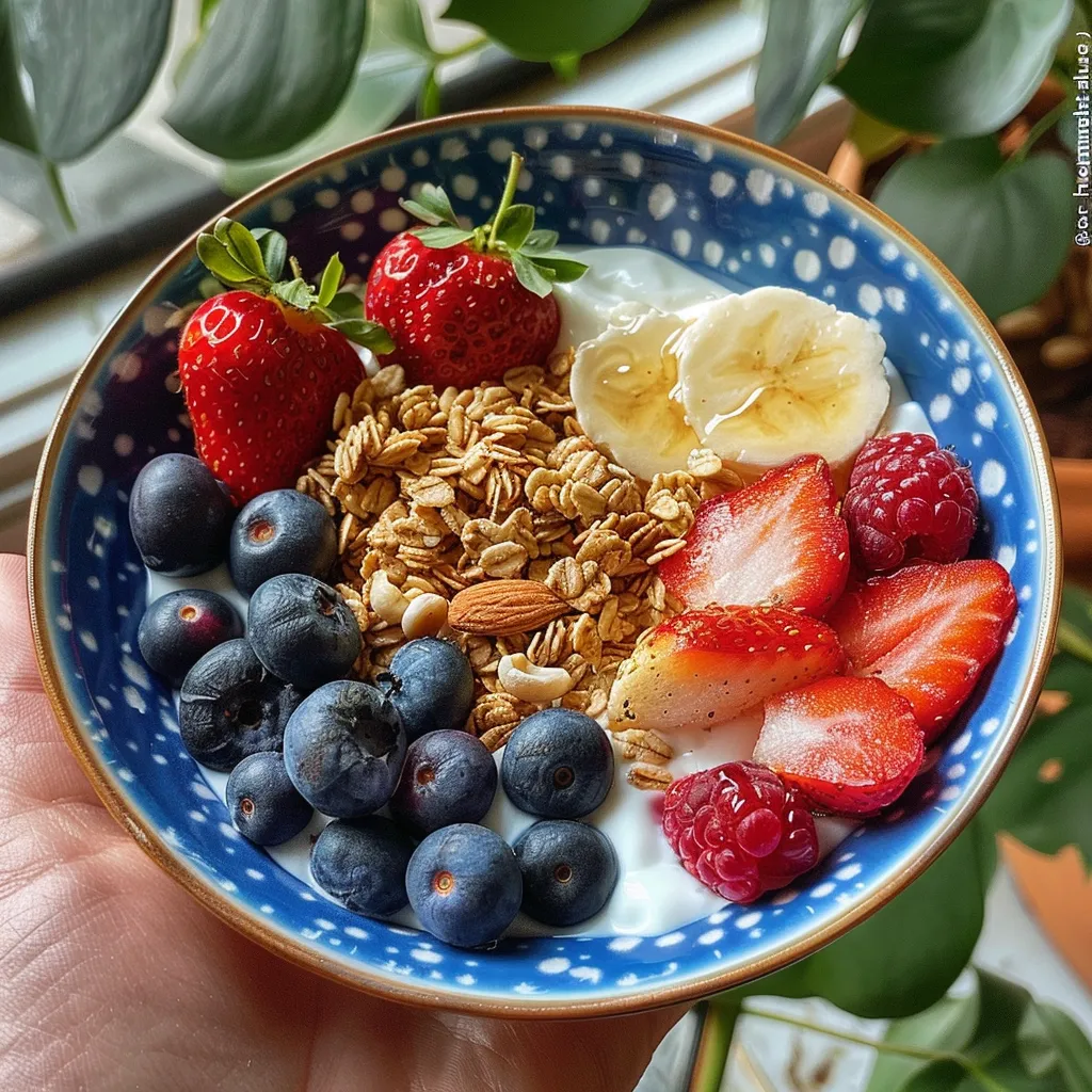 A delicious bowl of Greek yogurt garnished with chopped nuts and a drizzle of honey.