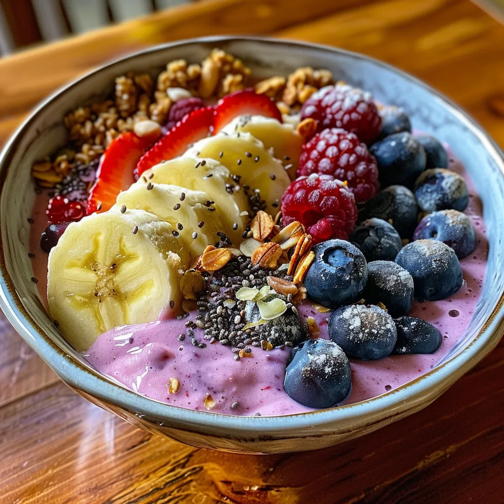 A colorful smoothie bowl with Greek yogurt, spinach, and an assortment of fresh toppings.