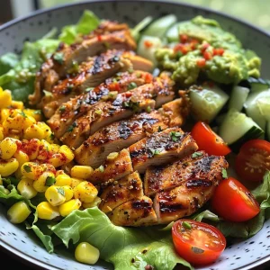 Close-up view of a grilled chicken avocado salad in a meal prep bowl.