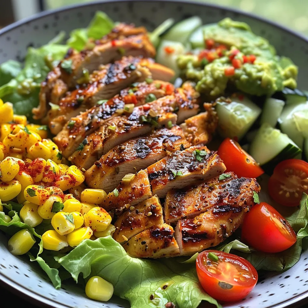 Close-up view of a grilled chicken avocado salad in a meal prep bowl.