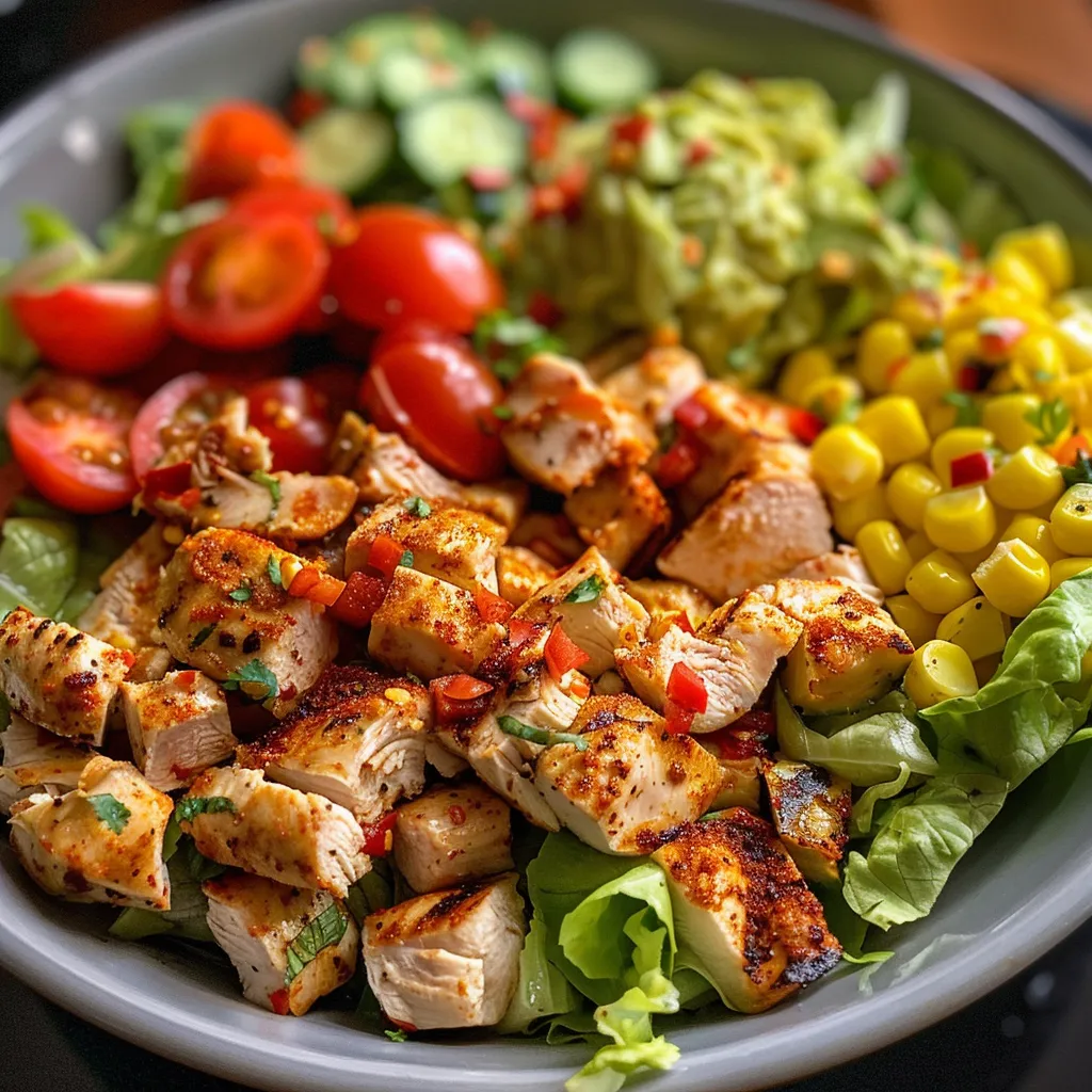 Juicy grilled chicken atop a bed of lettuce with colorful toppings.
