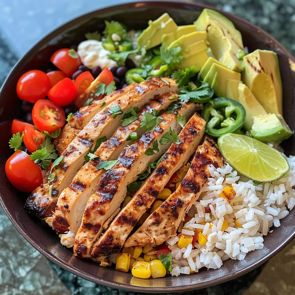 A colorful Grilled Chicken Burrito Bowl featuring sliced avocado, cherry tomatoes, corn, and black beans.