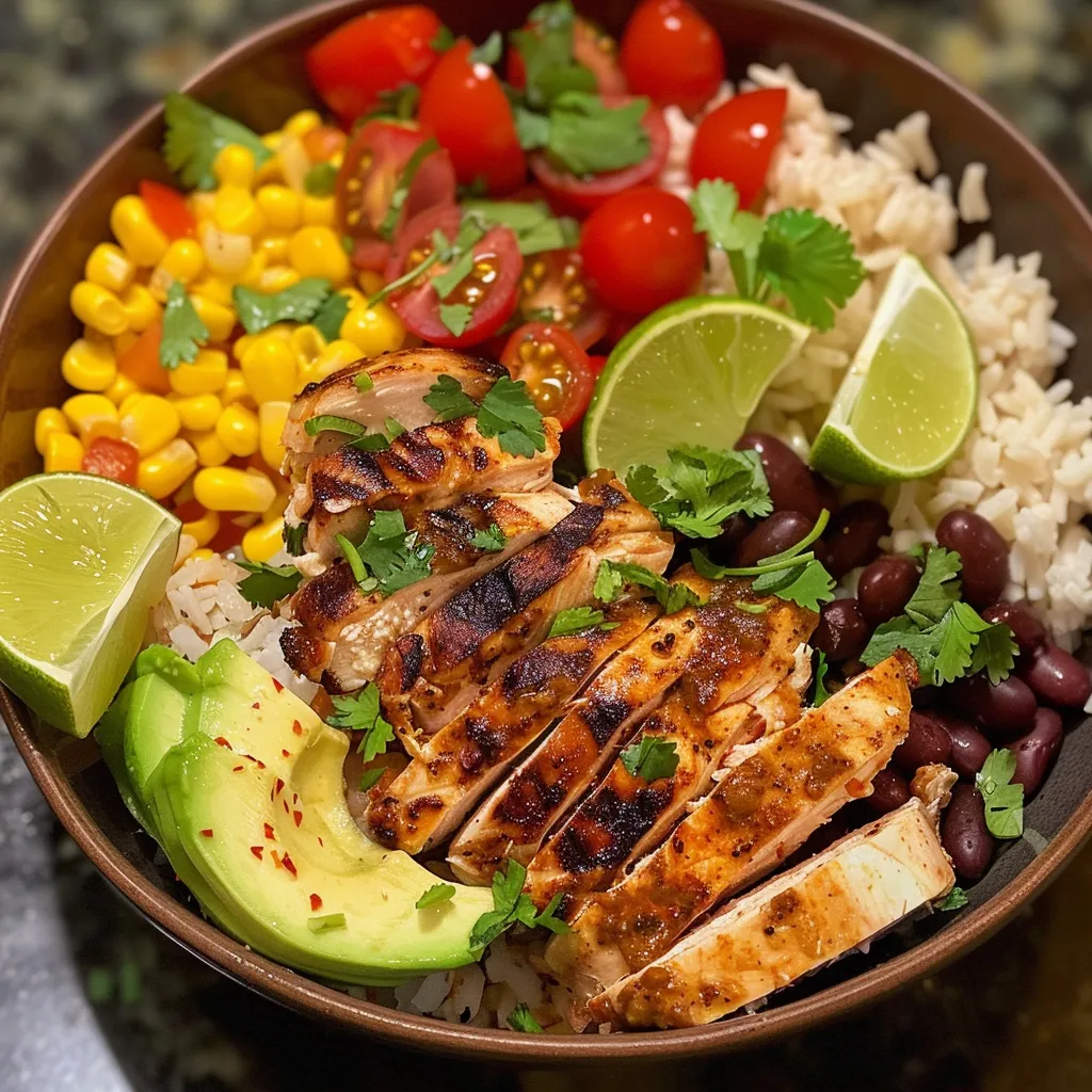 A close-up shot of a Grilled Chicken Burrito Bowl showcasing juicy chicken, rice, and vibrant toppings.