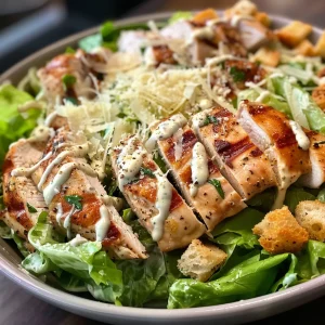 A close-up view of a grilled chicken Caesar salad showcasing juicy chicken strips over fresh romaine lettuce.
