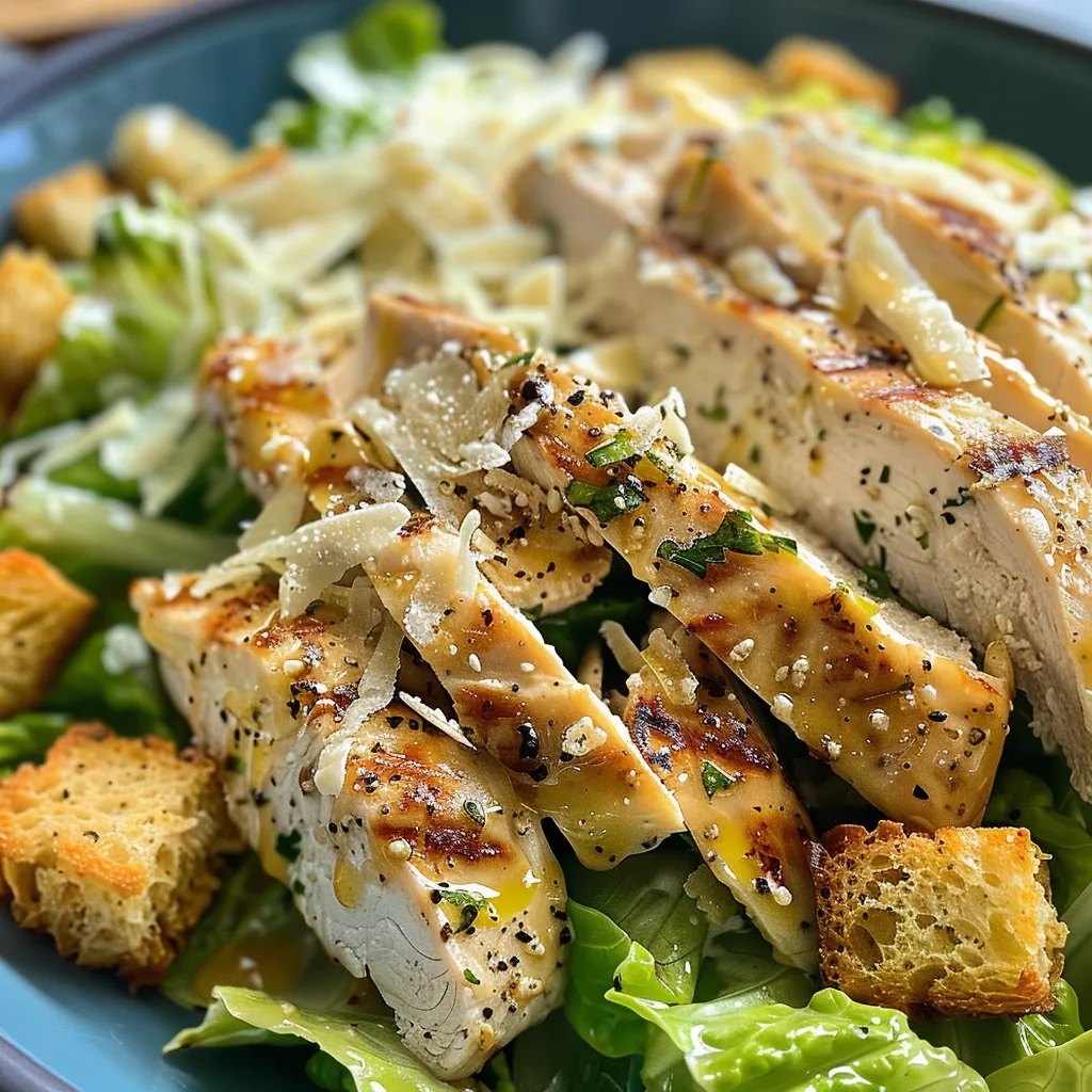 Side-angle photo of a healthy grilled chicken Caesar salad with croutons and grated Parmesan cheese.