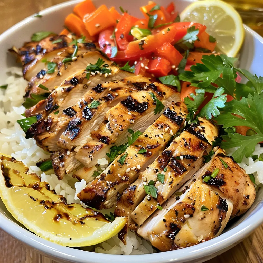 Close-up side view of a grilled chicken rice bowl with colorful vegetables.