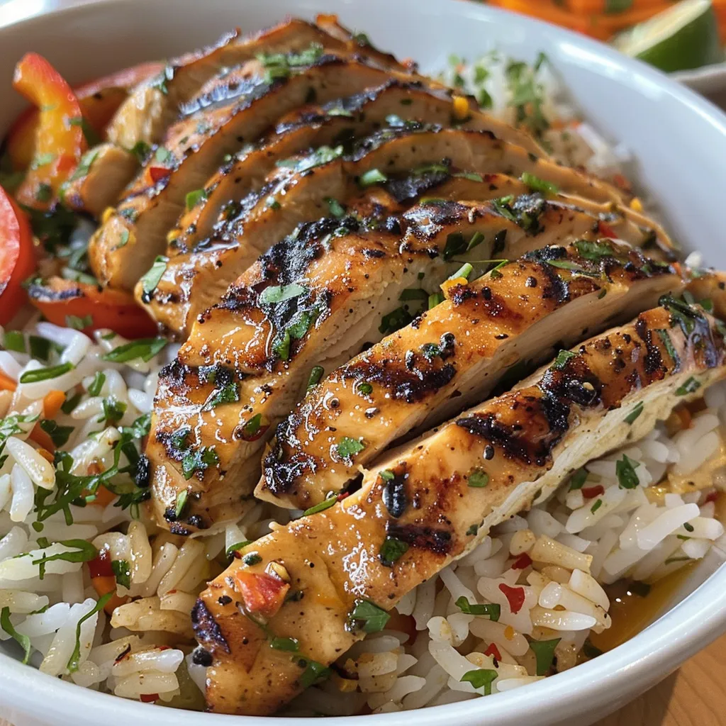 Juicy grilled chicken pieces served over rice with roasted vegetables.