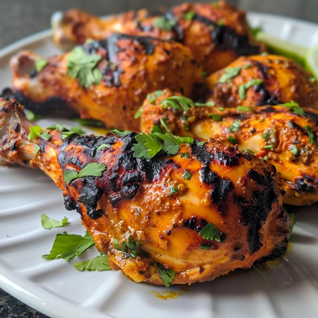 Close-up view of juicy grilled tandoori-style chicken breasts on a plate.