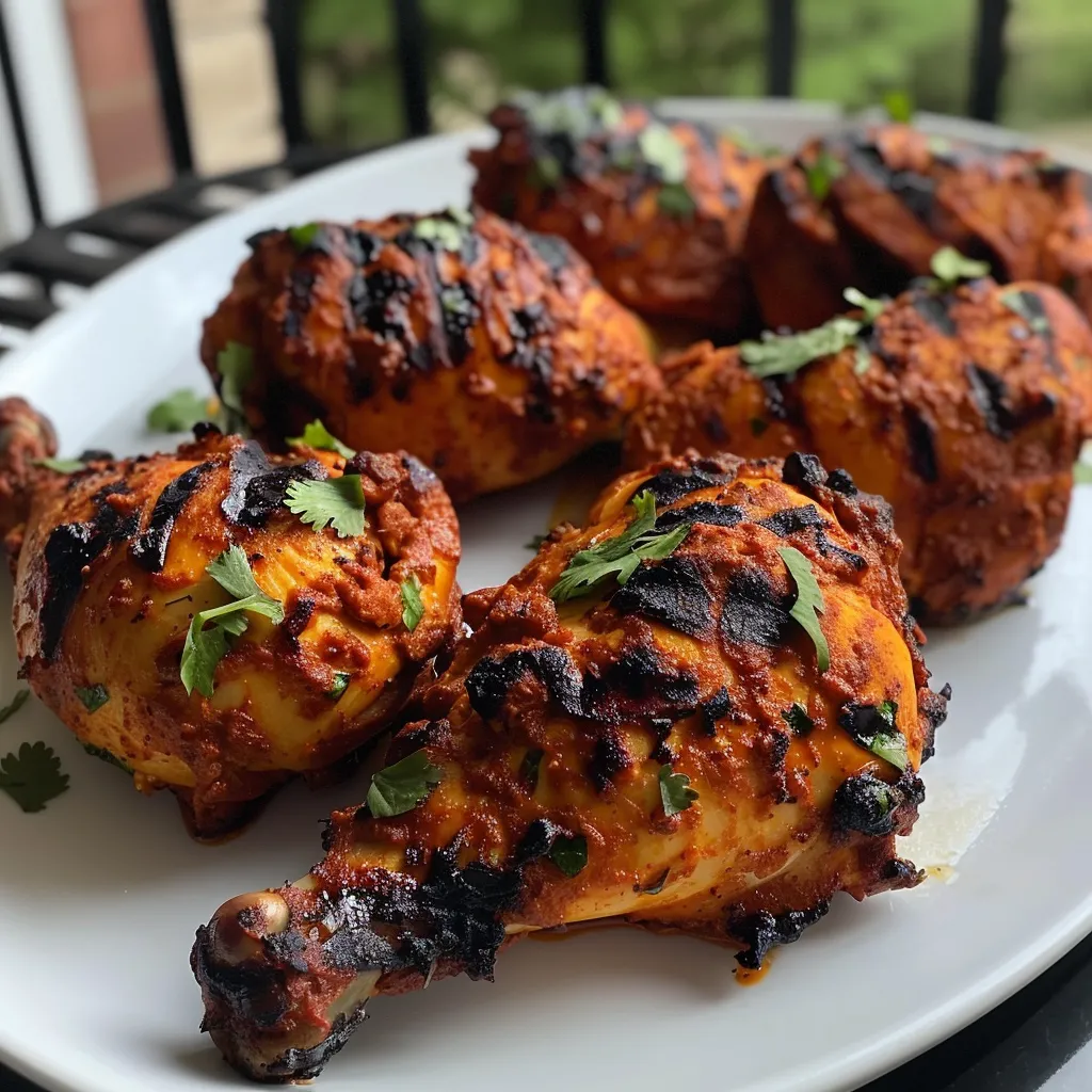 Side view of succulent grilled chicken marinated in tandoori spices.