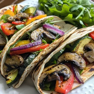 A close-up side view of grilled veggie wraps filled with colorful vegetables.