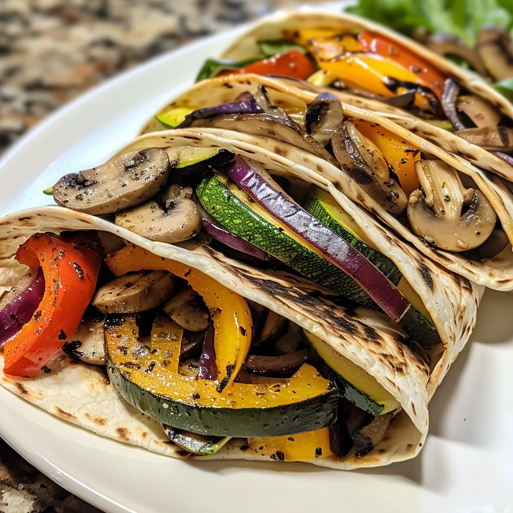 Juicy grilled veggie wraps showcasing zucchini, bell peppers, red onion, and mushrooms.