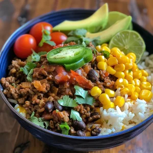 Close-up view of a Ground Beef Taco Rice Bowl filled with colorful ingredients.