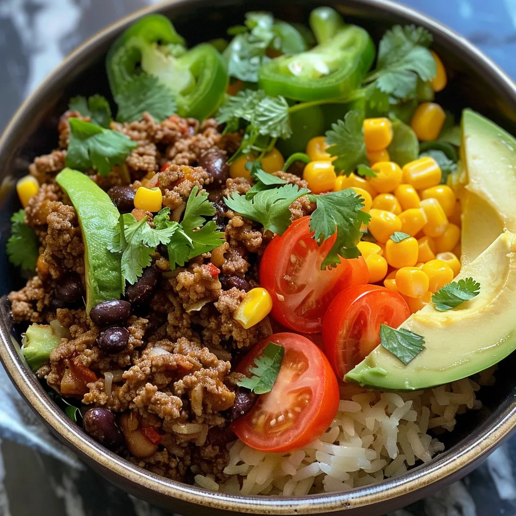 Side view of a delicious taco rice bowl featuring ground beef, cheese, and fresh toppings.