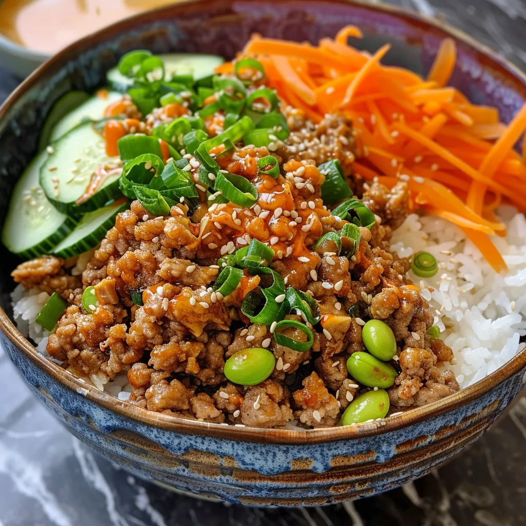 Tantalizing ground turkey rice bowl with vibrant toppings and a drizzle of bang bang sauce.