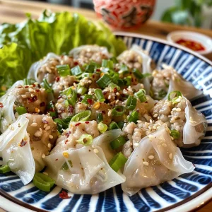 Close-up view of juicy ground turkey rice paper dumplings on a plate.