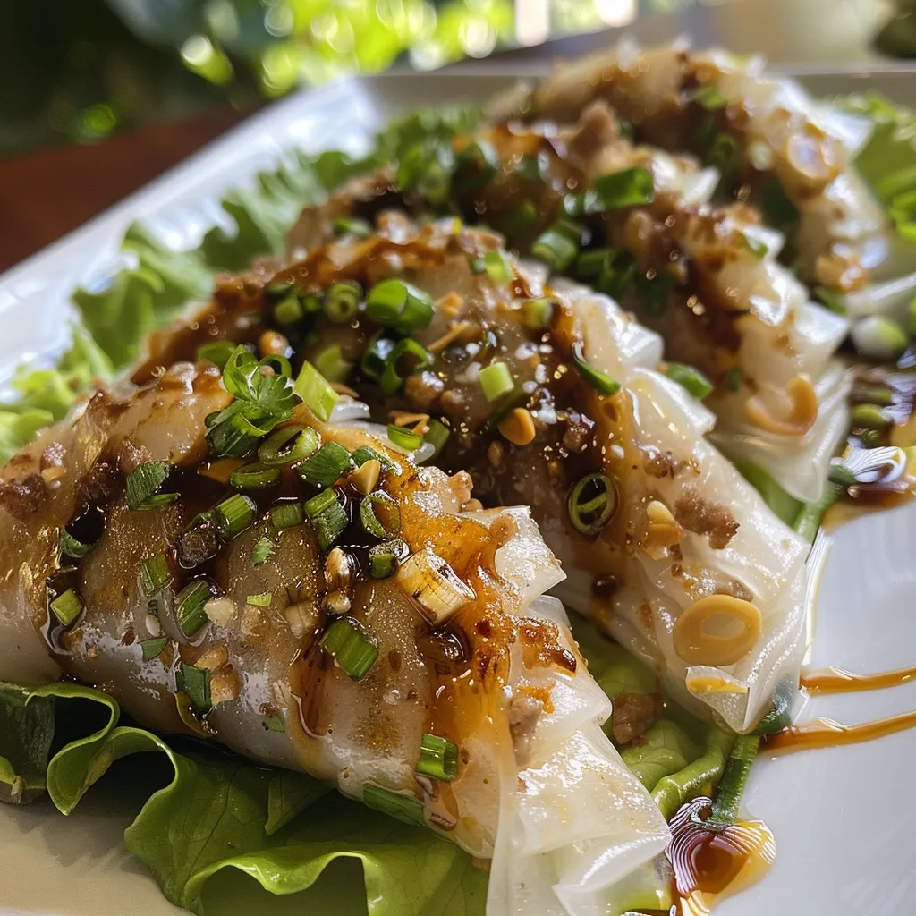 Side view of delicious rice paper dumplings filled with ground turkey.