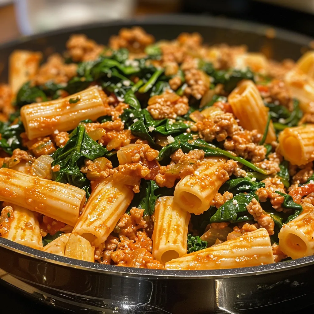 Juicy ground turkey mixed with spinach and pasta in a close-up shot, highlighting the dish's textures.