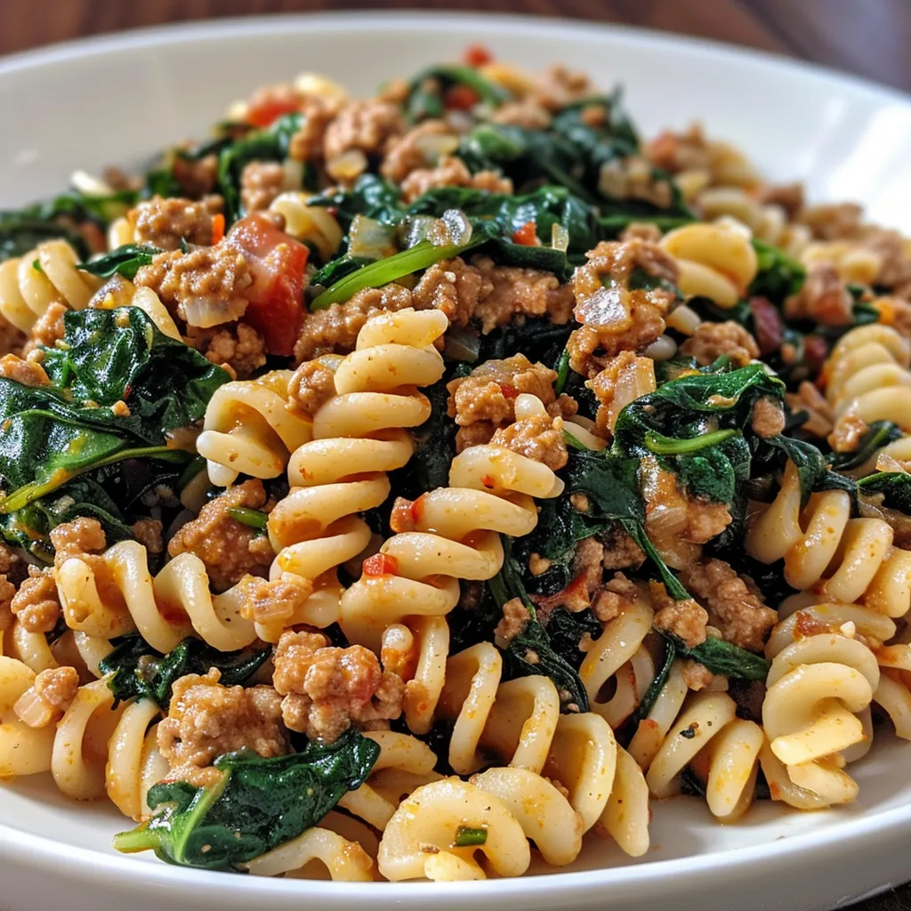 Detailed view of a freshly prepared bowl of ground turkey and spinach pasta, emphasizing the colors and ingredients.