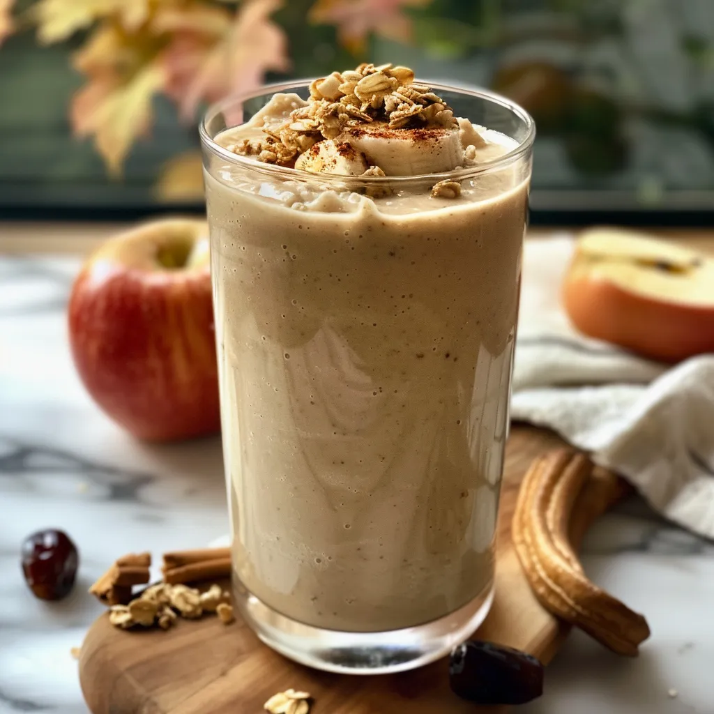 A close-up side view of a Healthy Apple Pie Smoothie in a glass, with visible apple pieces and a creamy texture.