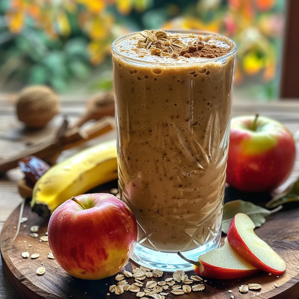 A delicious looking apple pie smoothie with a smooth consistency, garnished with cinnamon powder, captured from the side.