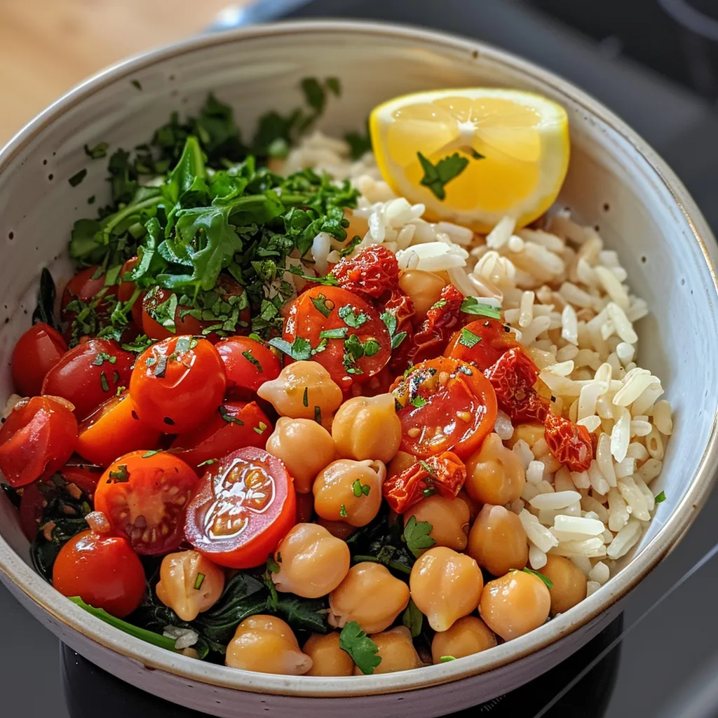 A vibrant chickpea rice bowl featuring cherry tomatoes and spinach.