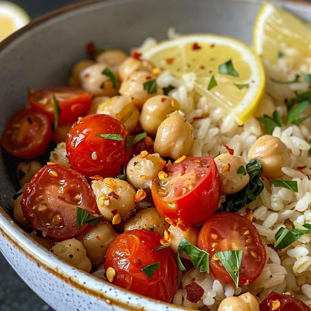Close-up of a healthy chickpea rice bowl with colorful ingredients.