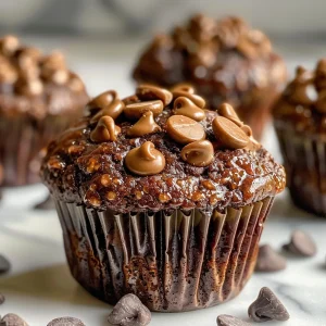 Delicious-looking chocolate muffins with a glossy finish and dark chocolate pieces.