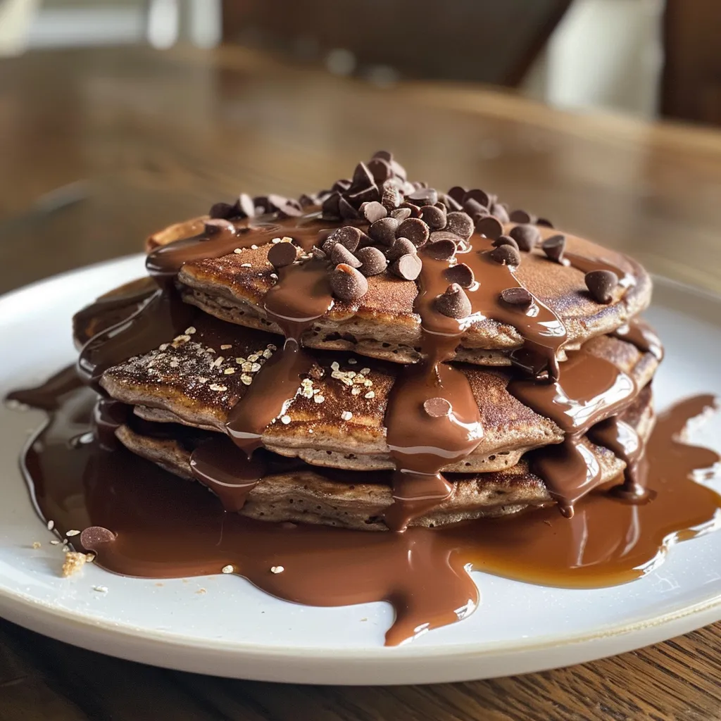 Juicy chocolate pancakes served with fresh fruit and syrup on a wooden table.